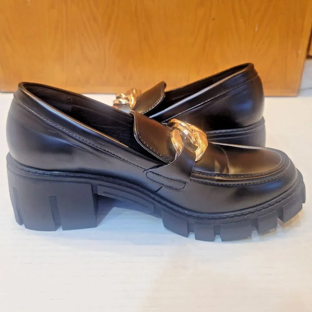 TINSTREE Platform Loafers Black Gold Chain Sz 8 Chunky Lug Sole Shoes Preppy